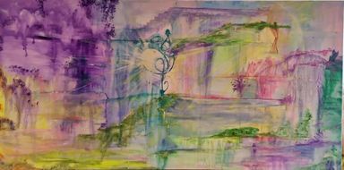 Beispiel für ein Seelenbild| Kräftige, leuchtende Farben. In der Mitte eine Art leuchtender Notenschlüssel. Gemälde von Enthousio-Art