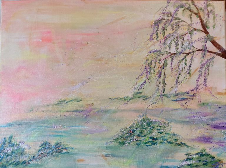Beispiel für ein Seelenbild. Buntes Acrylgemälde auf Keilrahmen mit abstraktem Garten in leuchtenden Farben.