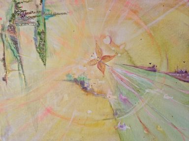 Beispiel für ein Seelenbild| Gelbes Gemälde mit Schmetterling und viel Licht. Gemälde von Kathi Hildebrandt| Ganzheitliche Künstlerin| 