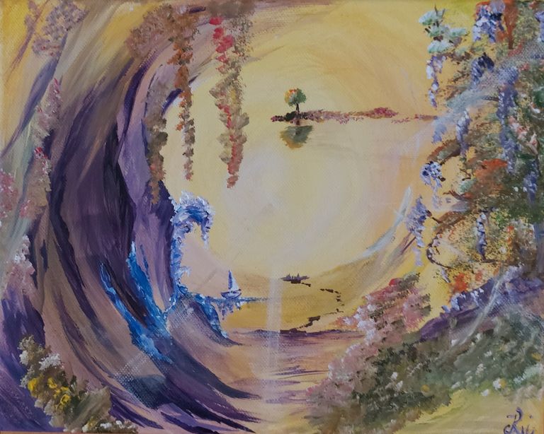 Acrylgemälde von Enthousio-Art. Kathi Hildebrandt. Durchblick in eine Fantasiewelt. Dieses Gemälde ist bereits vergeben.