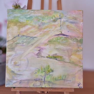 Acrylgemälde von Enthousio-Art. Zarte Abstraktmalerei. Landschaft in zarten hellen Farben mit hellem grün und leuchtenden Lichtstrahlen
