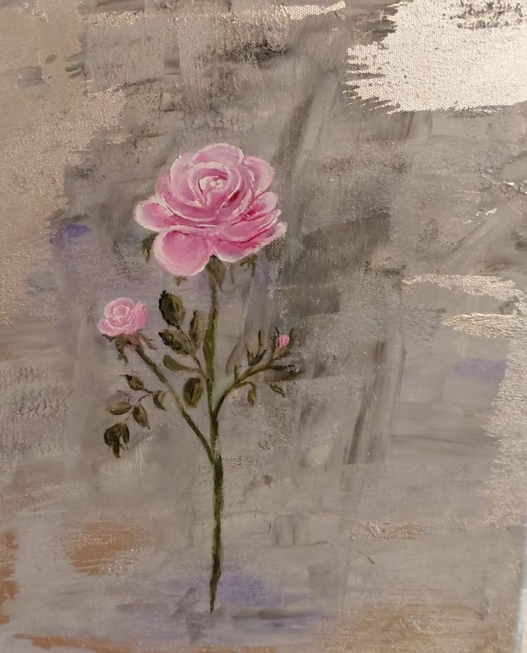 Acrylgemälde von Enthousio-Art. Kathi Hildebrandt. Rose auf grauem Hintergrund. Dieses Gemälde ist bereits vergeben.