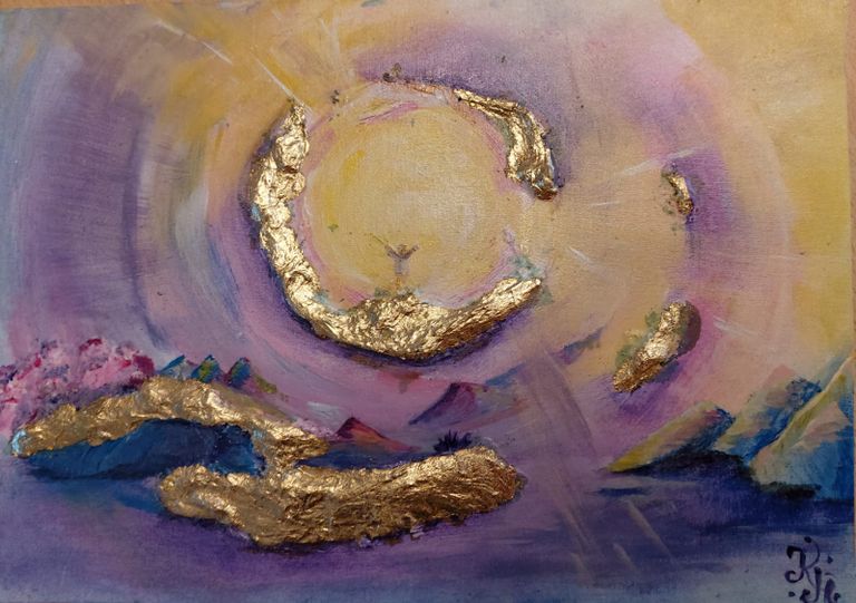 Acrylgemälde von Enthousio-Art. Kathi Hildebrandt. Fantasielandschaft mit Blattmetall gold. Dieses Gemälde ist bereits vergeben.