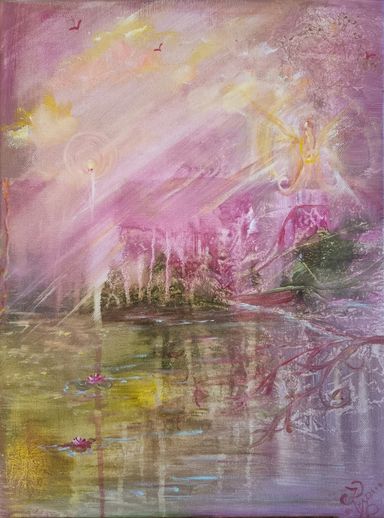 Beispiel für ein Seelenbild| Pinker Himmel mit gelben Lichtwesen über einer surrealen, grün- blauen Landschaft. Gemälde Enthousio-Art|