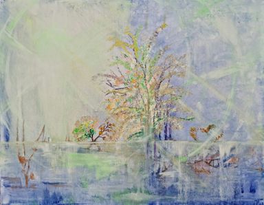 Spirituelle Kunst. Botschaft der Seele in Form eines ganz persönlichen Gemäldes. Blaue Seelandschaft, viel Licht, Pflanzen.