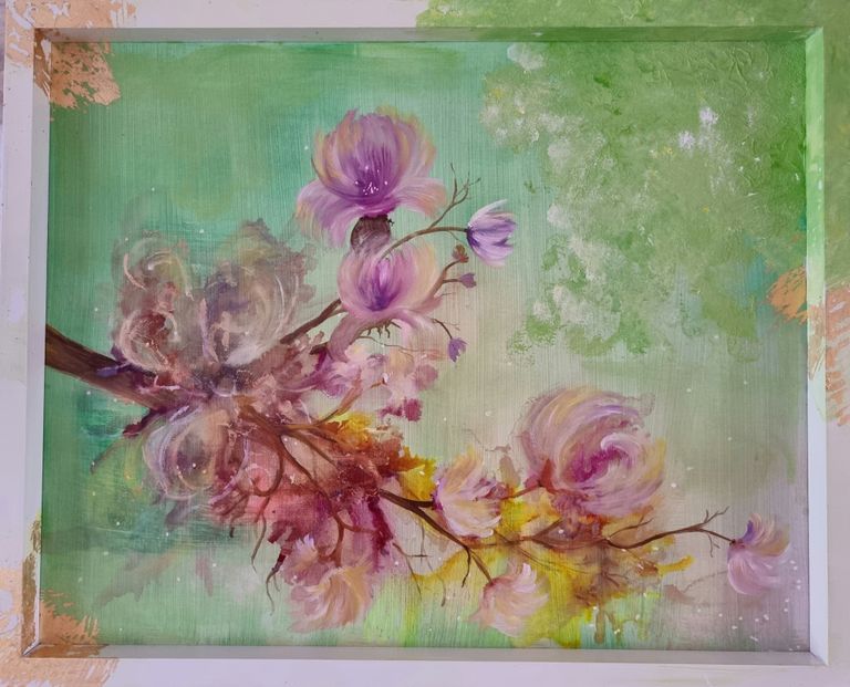 Acrylgemälde von Kathi Hildebrandt. Enthousio- Art. Federartige Blüten am Ast.