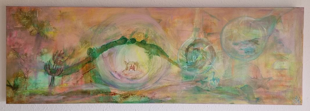 Abstraktes Kunstwerk von Kathi Hildebrandt. Eine bunte Vielfalt an Farben und Formen voller Emotionen. Glückstränen werden zu Welten.