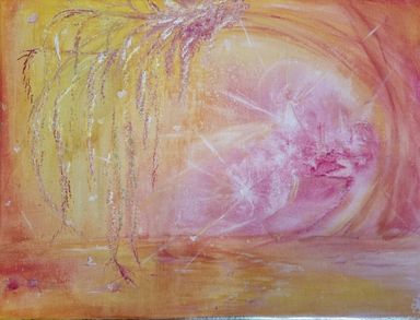 Seelenbild von Enthousio-Art. Kräftige, leuchtende Farben viel Licht in Gelb, Orange und Rosa. Ganzheitliche Künstlerin Kathi Hildebrandt 