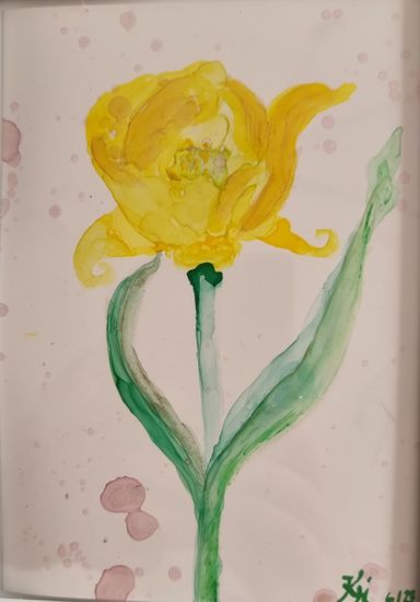 Ein einfach gehaltenes Gemälde einer gelben Tulpe auf Yupopapier.