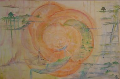 Seelenbild für Zwei. Partnergemälde. Enthousio-Art. Acrylgemälde. Eine große, orange Rose überstrahlt eine abstrakte Landschaft.