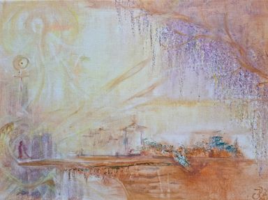 Gemälde mit gelbem Lichtwesen, in einer fantasievollen orange-violetten Umgebung. Beispiel für ein Seelenbild von Enthousio-Art.