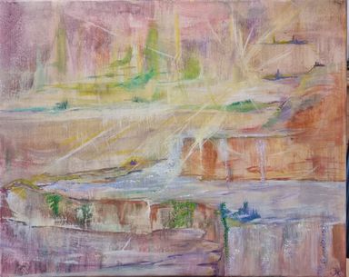 Beispiel für ein lichtvolles Seelenbild. Wasserfall, Lichtwesen, helle Farben. Von Kathi Hildebrandt.