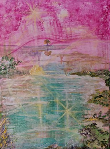 Energiegemälde von Kathi Hildebrandt, in leuchtenden Farben. Abstrakt und bildlich.