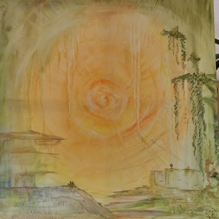 Acrylgemälde auf Keilrahmen zeigt eine modern abstrakte Landschaft in Orange, Gelb und Grüntönen