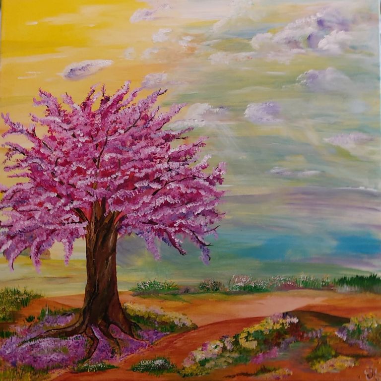 Acrylgemälde von Kathi Hildebrandt, Ganzheitliche Künstlerin. Blühender Baum.