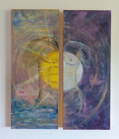 Yin uns Yang als Doppelgemälde. Acrylgemälde Kathi Hildebrandt. Das Kunstwerk vereint zwei Gemälde zu einem. Sonne und Mond, Mann und Frau