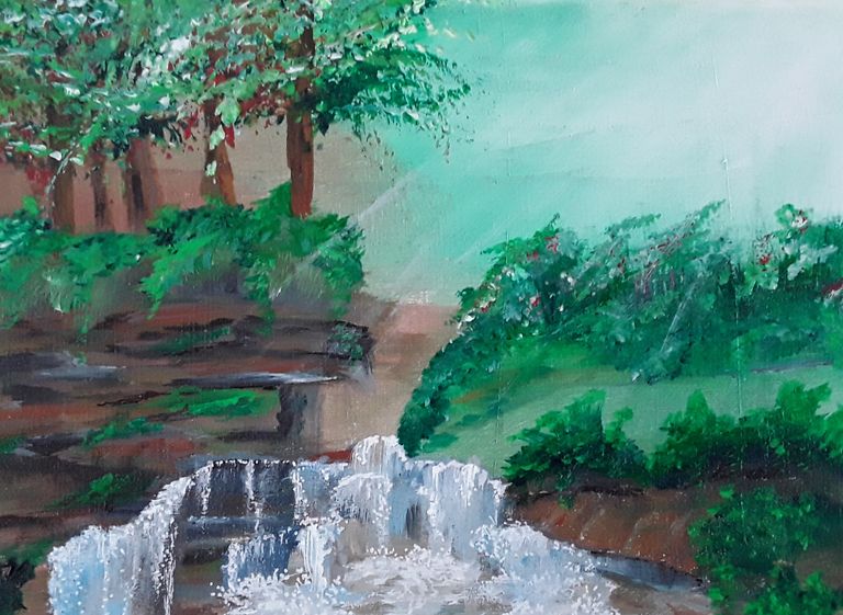 Acrylgemälde von Enthousio-Art.  Wasserfall im Wald Kathi Hildebrandt. Dieses Gemälde ist bereits vergeben.