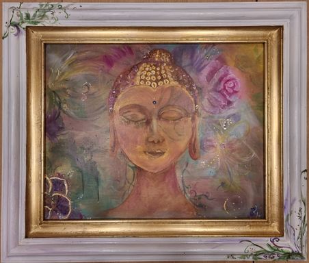 Acrylgemälde von Enthousio-Art auf Holzplatte mit Rahmen. Meditierender Buddha Kopf,  abstrakter, blumiger, goldener Hintergrund