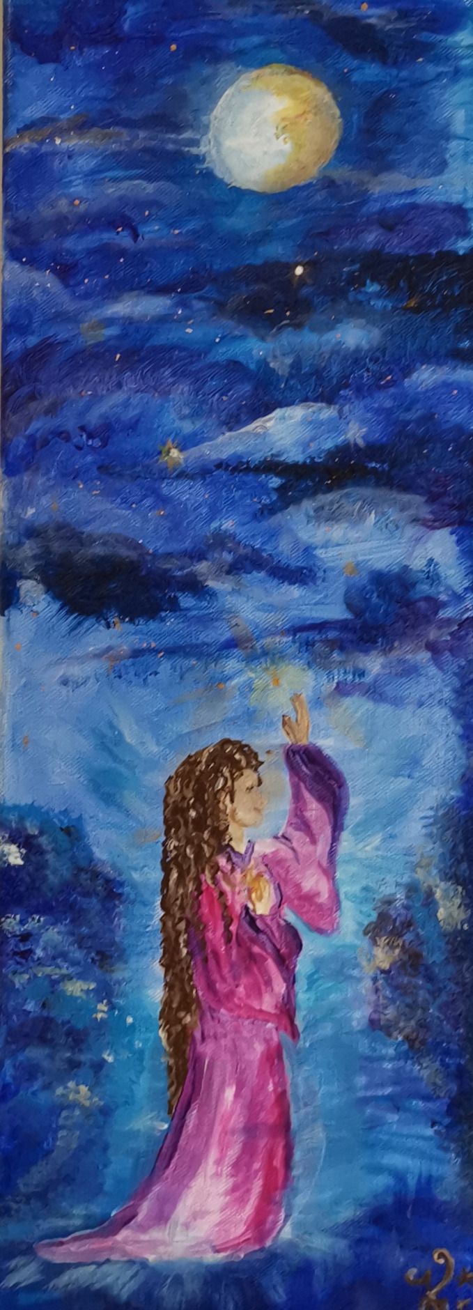 Acrylgemälde von Enthousio-Art. Kathi Hildebrandt. Eine Frau die Sterne sammelt. Dieses Gemälde ist bereits vergeben.