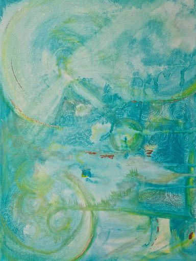 Zarte harmonische Seelenbilder, die emotionale Balance und spirituelle Energie fördern. Beispiel für ein Gemälde in Blau-Grüntönen.