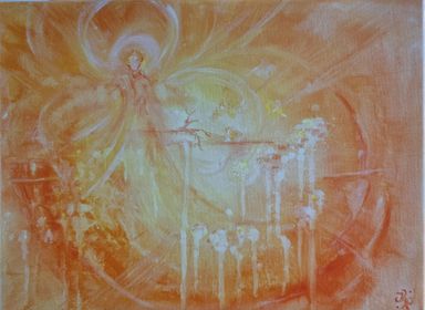 Enthousio-Art. Kathi Hildebrandt, Ganzheitliche Künstlerin. Seelenbilder und Acrylgemälde. Kräftiges Orange mit Lichtwesen.