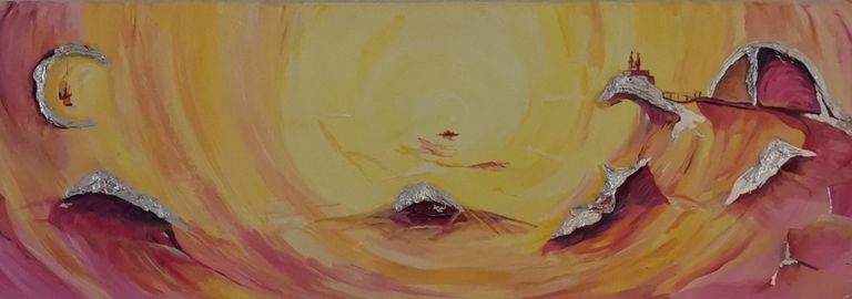 Acrylgemälde von Enthousio-Art. Lichtvolle surreale Landschaft mit Blattmetall. Kathi Hildebrandt. Dieses Gemälde ist bereits vergeben.