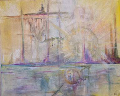 Beispiel für ein Seelenbild| Helles Gemälde mit surrealer Landschaft, viel Licht. Gemälde von Kathi Hildebrandt| Ganzheitliche Künstlerin| 