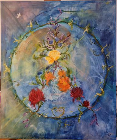 Ein Abstraktes Kunstwerk von Kathi Hildebrandt. Kräftiges, beruhigendes Blau. Eine große Weltkugel, umrankt vom blühenden Friedenszeichen. 