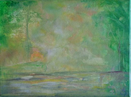 Eine abstrakte, grüne Oase in einem Wald mit Seelandschaft. Beruhigende Farben. Ein Gemälde von Kathi Hildebrandt