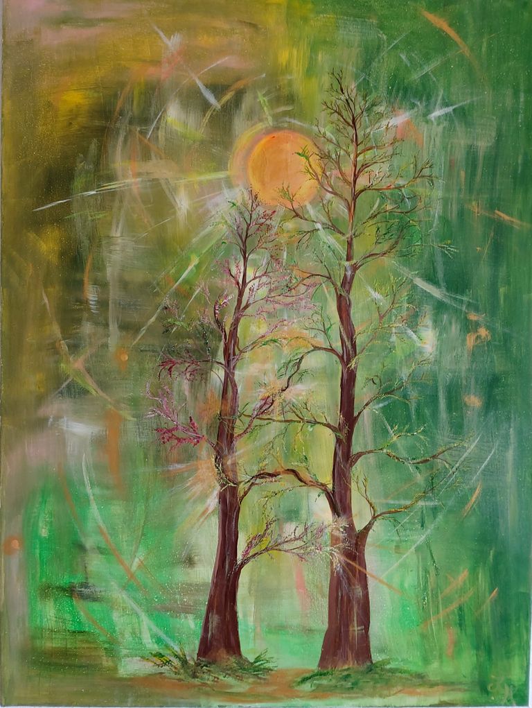 Acrylgemälde von Enthousio-Art.  Zwei Bäume. Kathi Hildebrandt. Nicht mehr verfügbar.