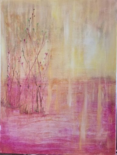 Ein fantasievolles Acrylgemälde von Kathi Hildebrandt - Enthousio-Art. Es zeigt strahlende Lichtsäulen in einer pinken Landschaft.