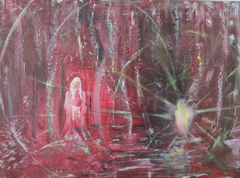 Beispiel für ein Seelenbild. Buntes Acrylgemälde auf Keilrahmen mit abstraktem Garten in leuchtenden Farben.