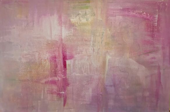 Abstraktes Gemälde von Kathi Hildebrandt, Enthousio-Art. Mit zarten Rosatönen und mehreren Schichten strahlt dieses Gemälde Freude aus.