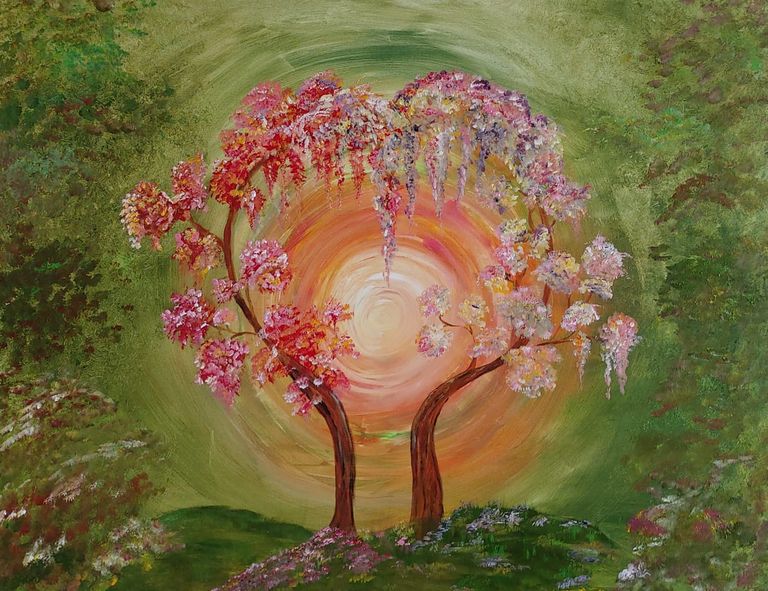 Acrylgemälde von Kathi Hildebrandt, Ganzheitliche Künstlerin. Zwei Bäume bilden ein Herz. Gemälde bereits vergeben.