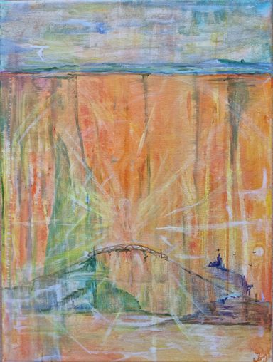 Beispiel Seelenbild von Enthousio-Art. Eine Brücke mit einem Lichtwesen vor einer abstrakten, orangen Landschaft. 