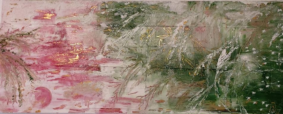 Abstraktes Acrylgemälde von Kathi Hildebrandt. Eine Winterlandschaft mit Struktur und Glanz.