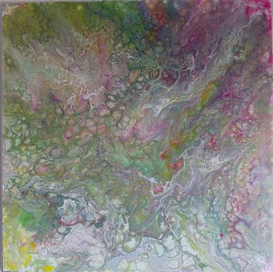 Pouring-Gemälde auf Leinwand von Kathi Hildebrandt. Mit schönen Zellen in bunten Farben. Eingefasst in einem silbernen Rand aus Blattmetall.