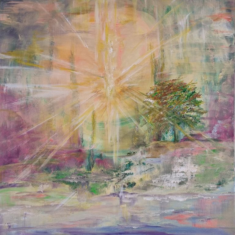Ein Seelenbild, zeigt eine teilweise abstrakte und moderne Landschaft mit hellen Lichtstrahlen.