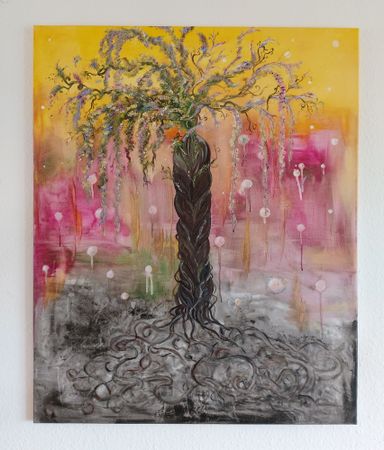 Ein starkes Gemälde von Enthousio-Art. Kräftige Farben . Aus dunklem Gewirr entwächst eine Ordnung und erblüht in seiner Entfaltung.