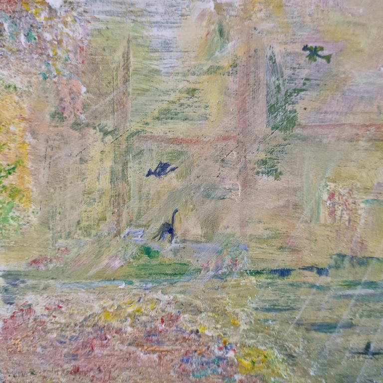 Energiebild für Kinder zeigt eine abstrakte Landschaft mit angedeuteten Dinos und Lichtstrahlen