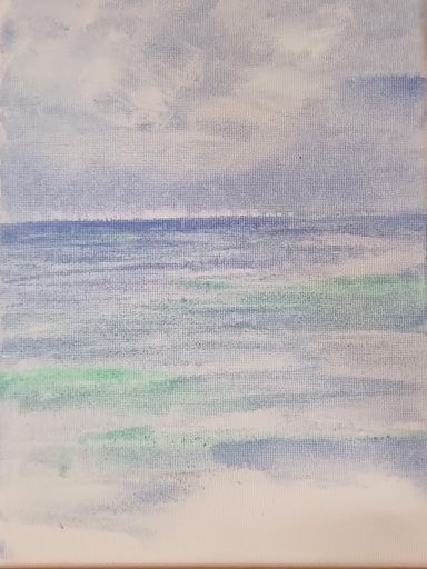 Ein abstraktes Acrylgemälde von Kathi Hildebrandt - Enthousio-Art. In zarten Blautönen und Grüntönen zeigt es abstrakte Wellen und Himmel.