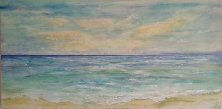 Ein abstraktes Acrylgemälde von Enthousio-Art. Blick auf die ruhige See und den Horizont, der den blauen Himmel trifft.