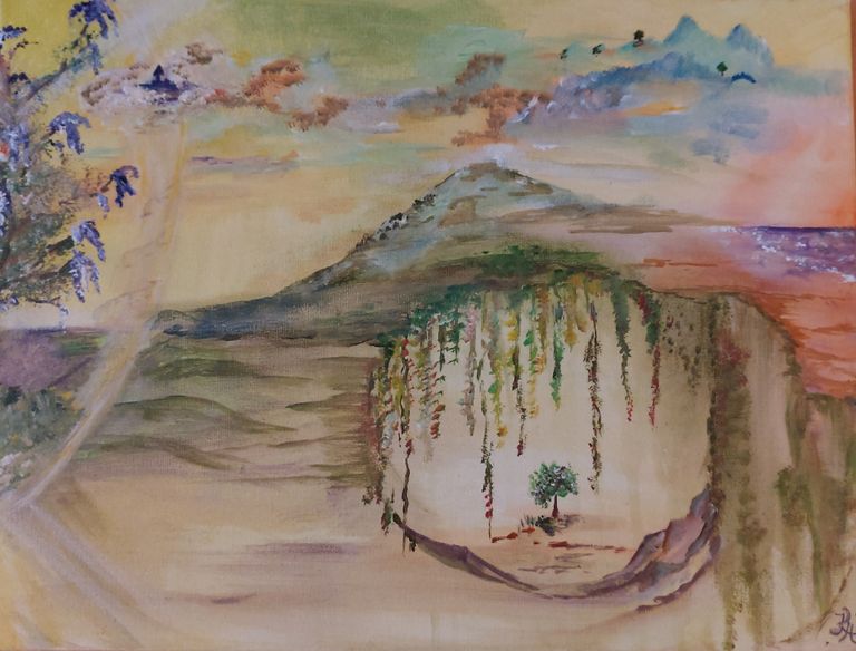 Acrylgemälde von Enthousio-Art. Kathi Hildebrandt. Durchblick in eine verborgene Welt. Dieses Gemälde ist bereits vergeben.