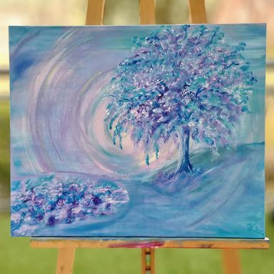 Ein sanftmütiges Acrylgemälde. Entspannende Blautöne, sanftes Violett, eine fantasievolle Naturlandschaft, Baum, Pflanzen. Enthousio-Art|