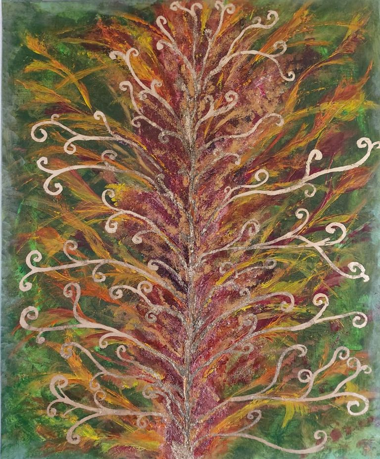 Acrylgemälde von Enthousio-Art. Kathi Hildebrandt.  Gemälde mit Blattmetall und Rostfarben auf Grün. Dieses Gemälde ist bereits vergeben.