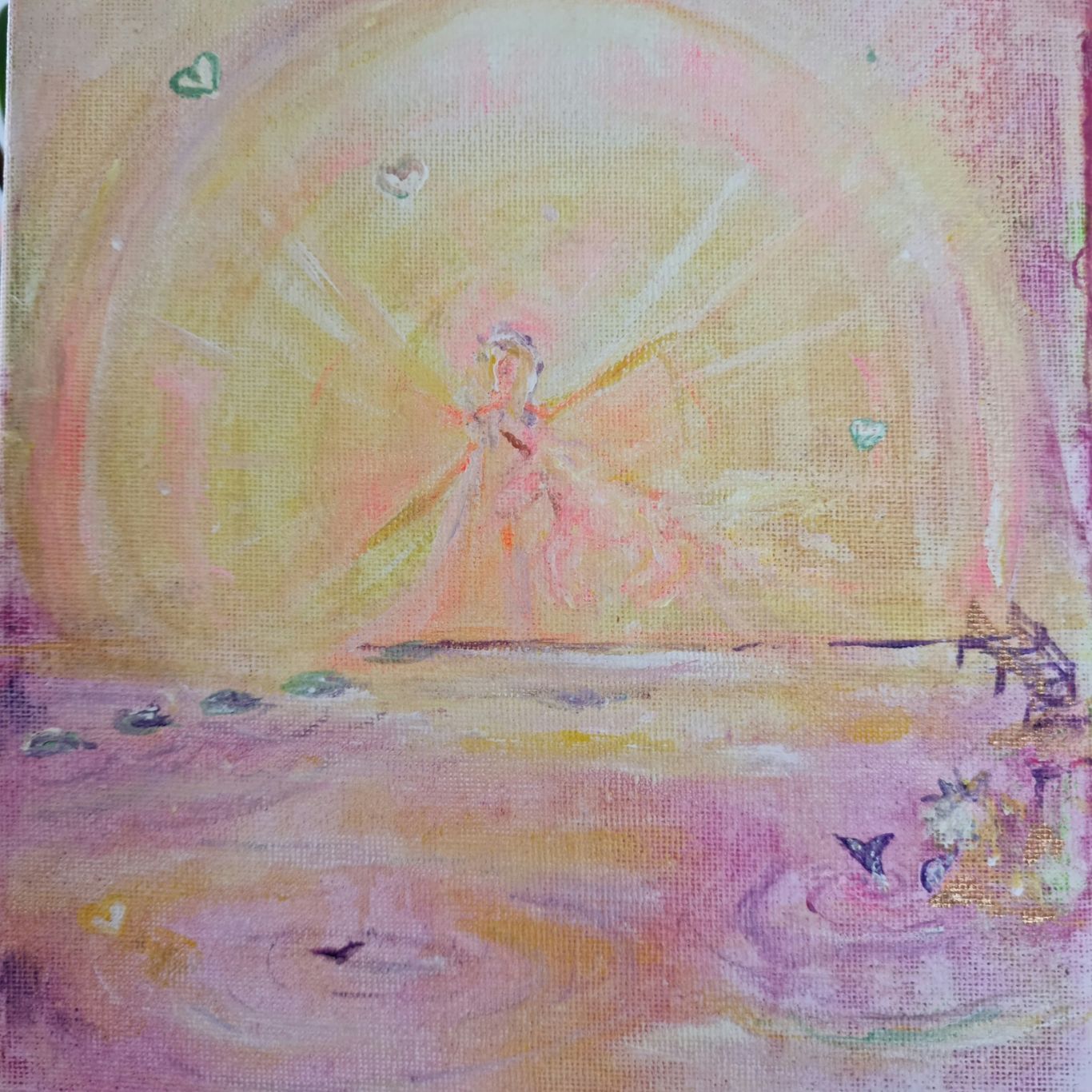 Individuell angefertigtes Acrylgemälde fürs Kinderzimmer in leuchtenden Farben mit Lichtwesen.