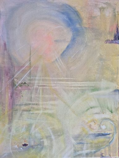 Beispiel für ein Seelenbild| Helles Gemälde mit surrealer Landschaft, Lichtkugeln, bunt, zarte Farben.| Ganzheitliche Künstlerin| 