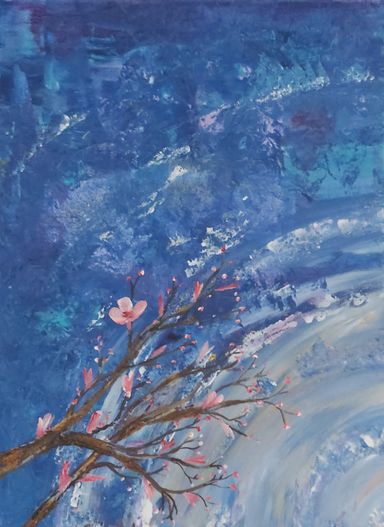 Detailansicht eines Gemäldes, des dreiteiligen Kunstwerkes. Äste mit Struktur blühen vor einer abstrakten, blauen Mondnacht. Enthousio-Art